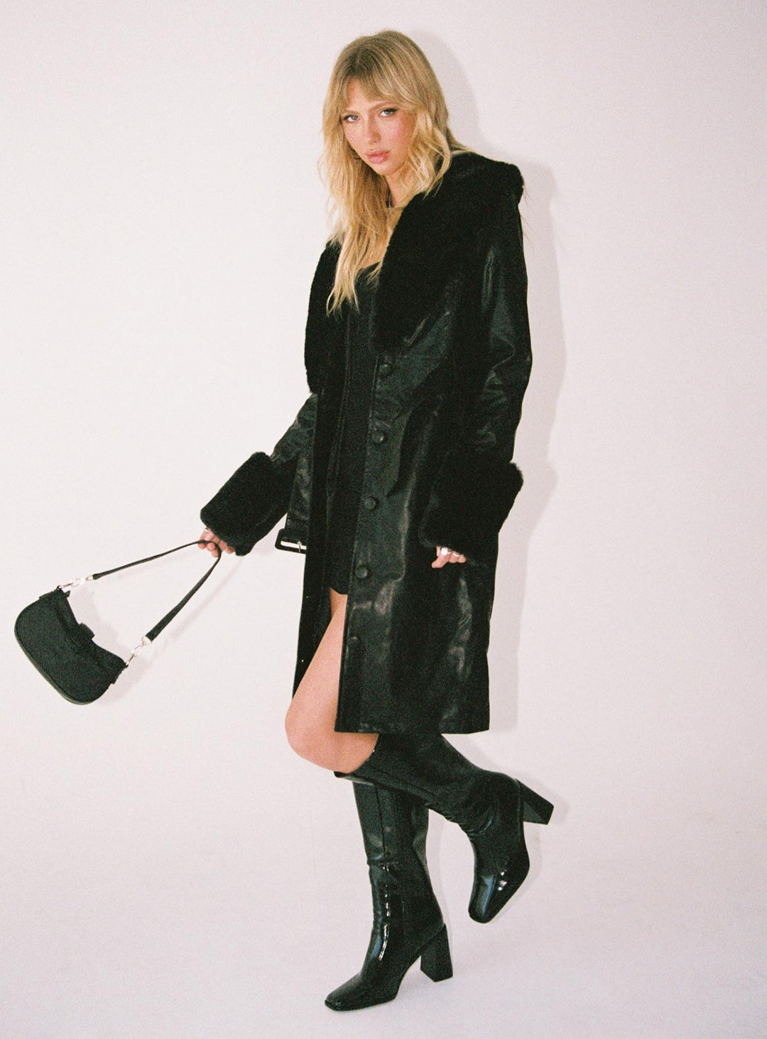 Harley | Women’s long vegan leather trench coat with faux fur trim and belt