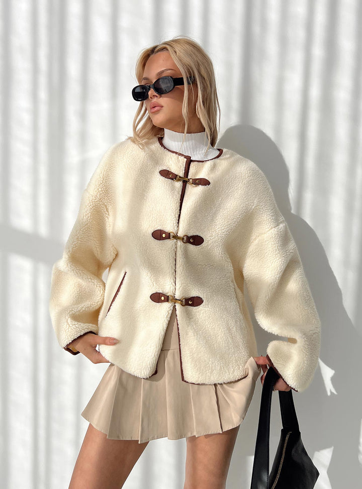 Sara | Women’s oversized teddy coat with contrast clasp detail