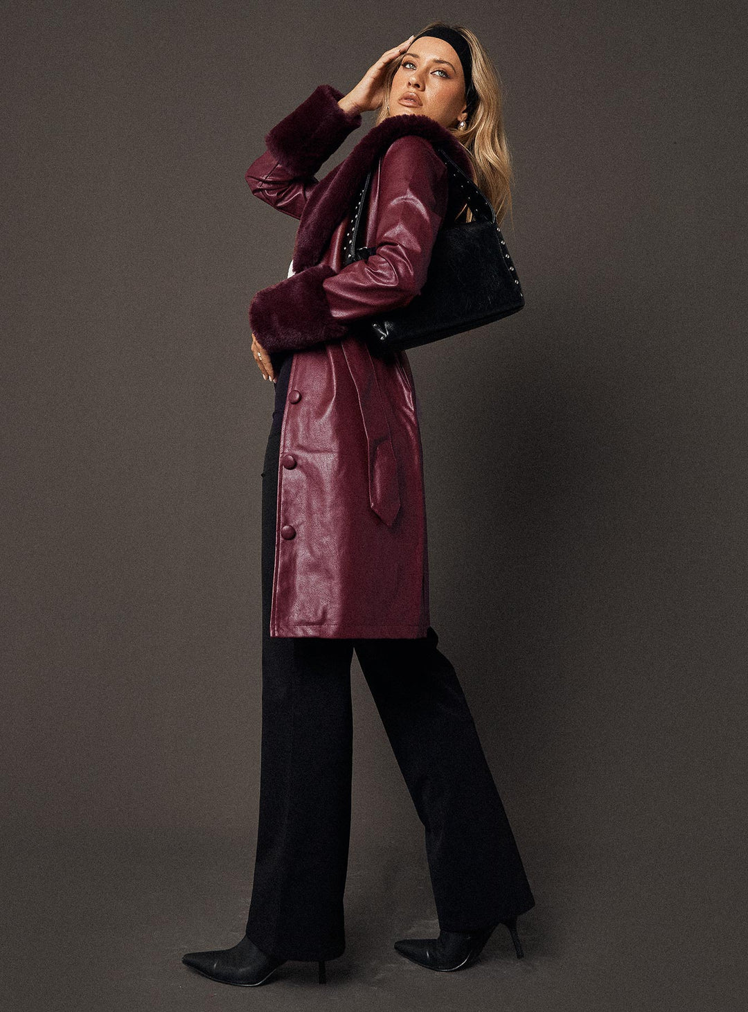 Isabella | Women’s longline faux leather trench coat with faux fur trim