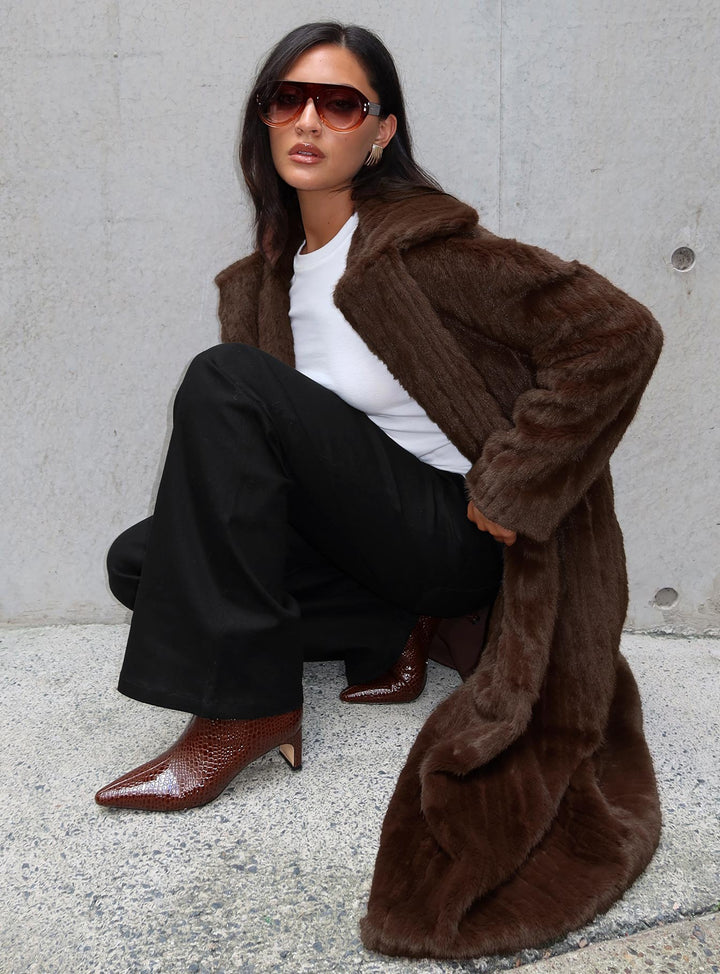 Sue | Women’s oversized faux fur trench coat with lapel collar and drop shoulders