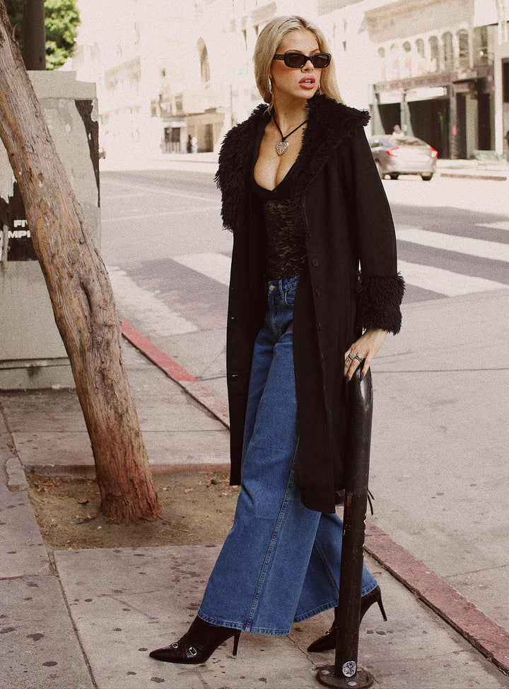 Pristine | Women’s long black trench coat with faux fur trim and button front