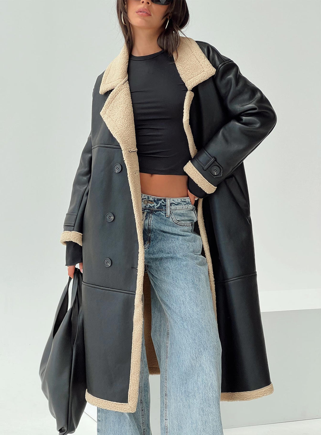Monica | Women’s longline  trench coat with shearling detail and double-breasted front