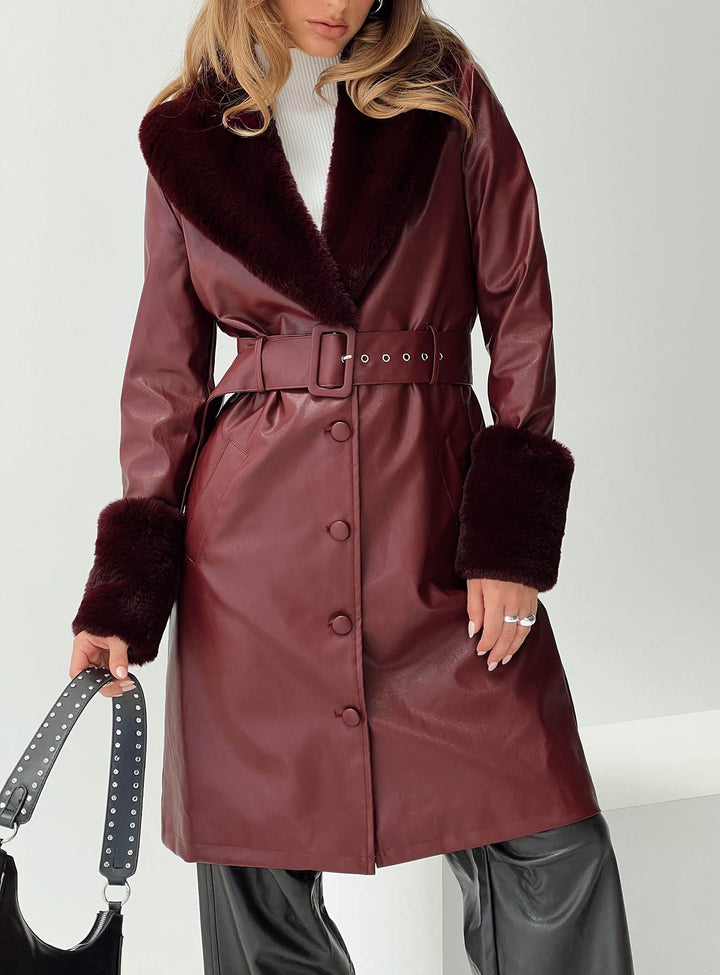Isabella | Women’s longline faux leather trench coat with faux fur trim
