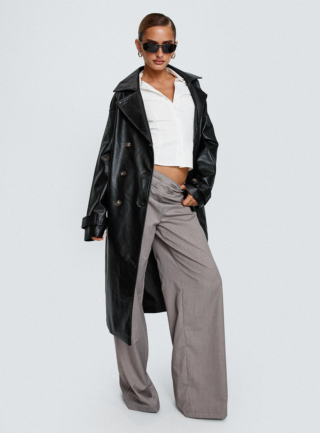 Bettina | Women’s faux leather belted trench coat with wide collar and lapel