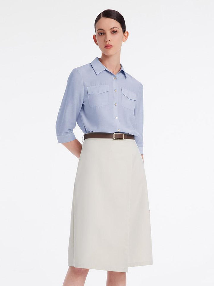 Vada | Women’s acetate shirt and asymmetric skirt set with leather belt