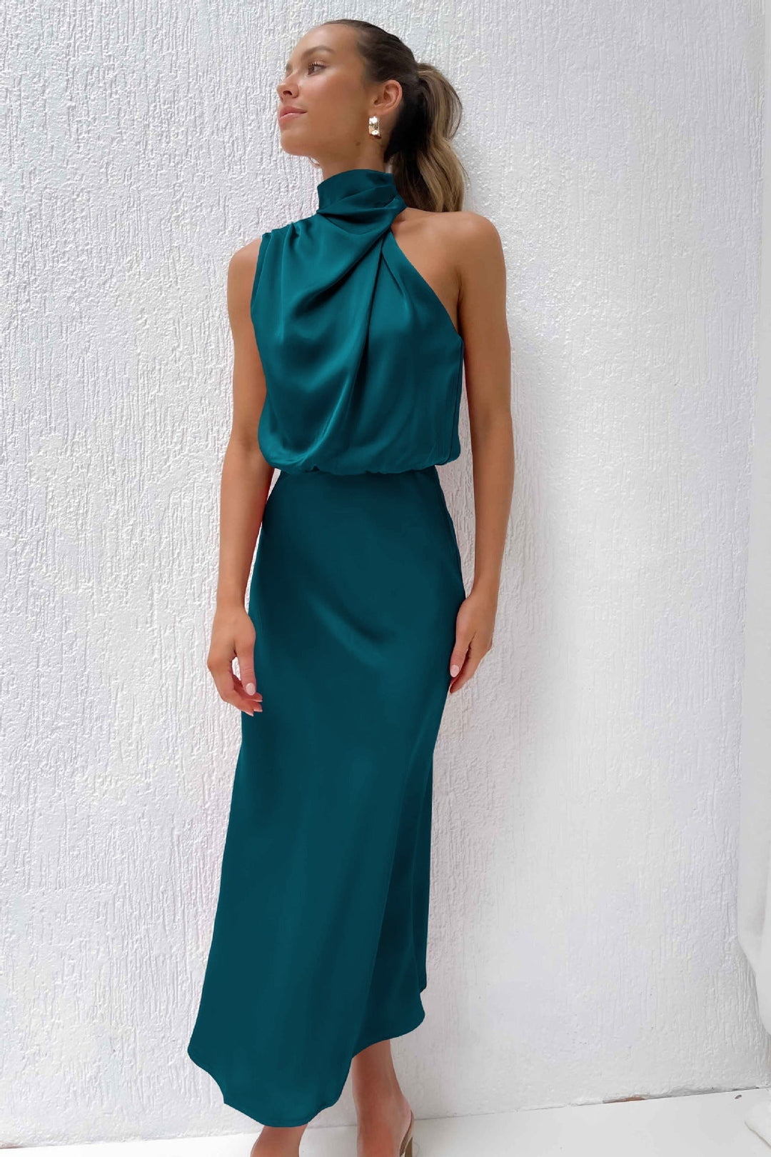 Ruby | Women’s maxi dress with high neckline and draped silhouette