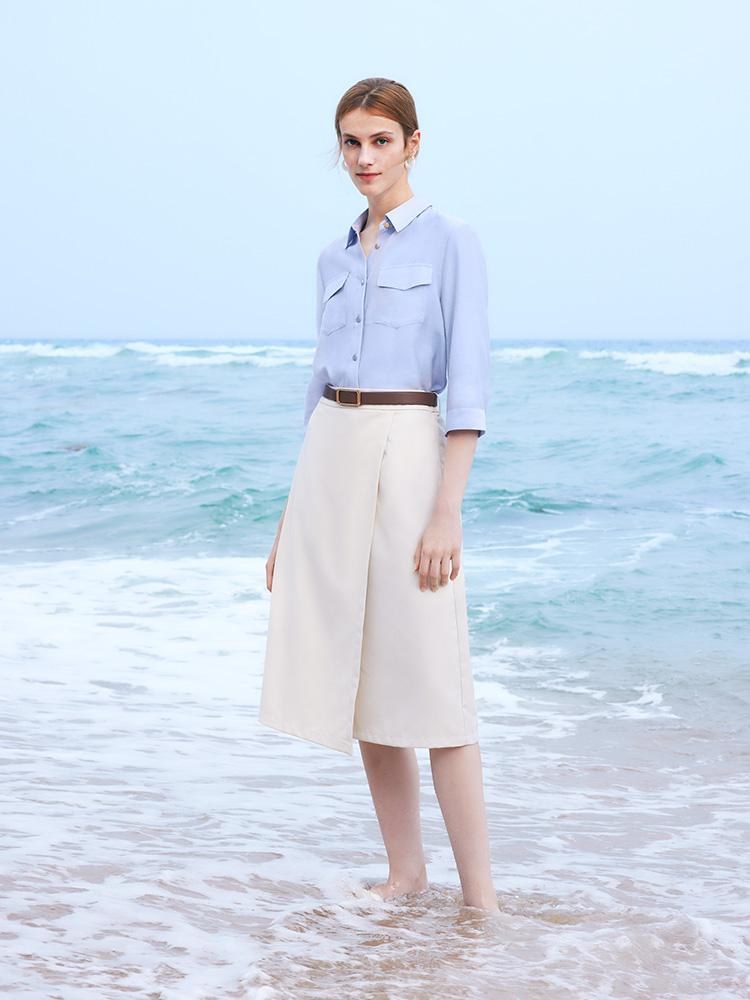 Vada | Women’s acetate shirt and asymmetric skirt set with leather belt