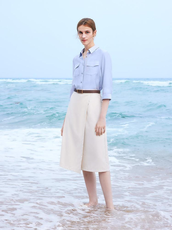 Vada | Women’s acetate shirt and asymmetric skirt set with leather belt
