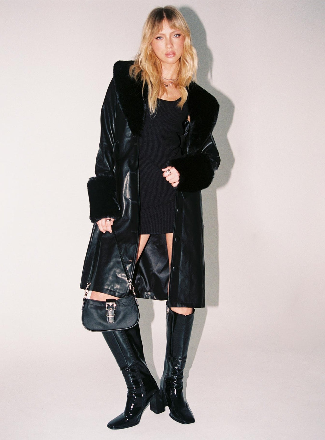 Harley | Women’s long vegan leather trench coat with faux fur trim and belt