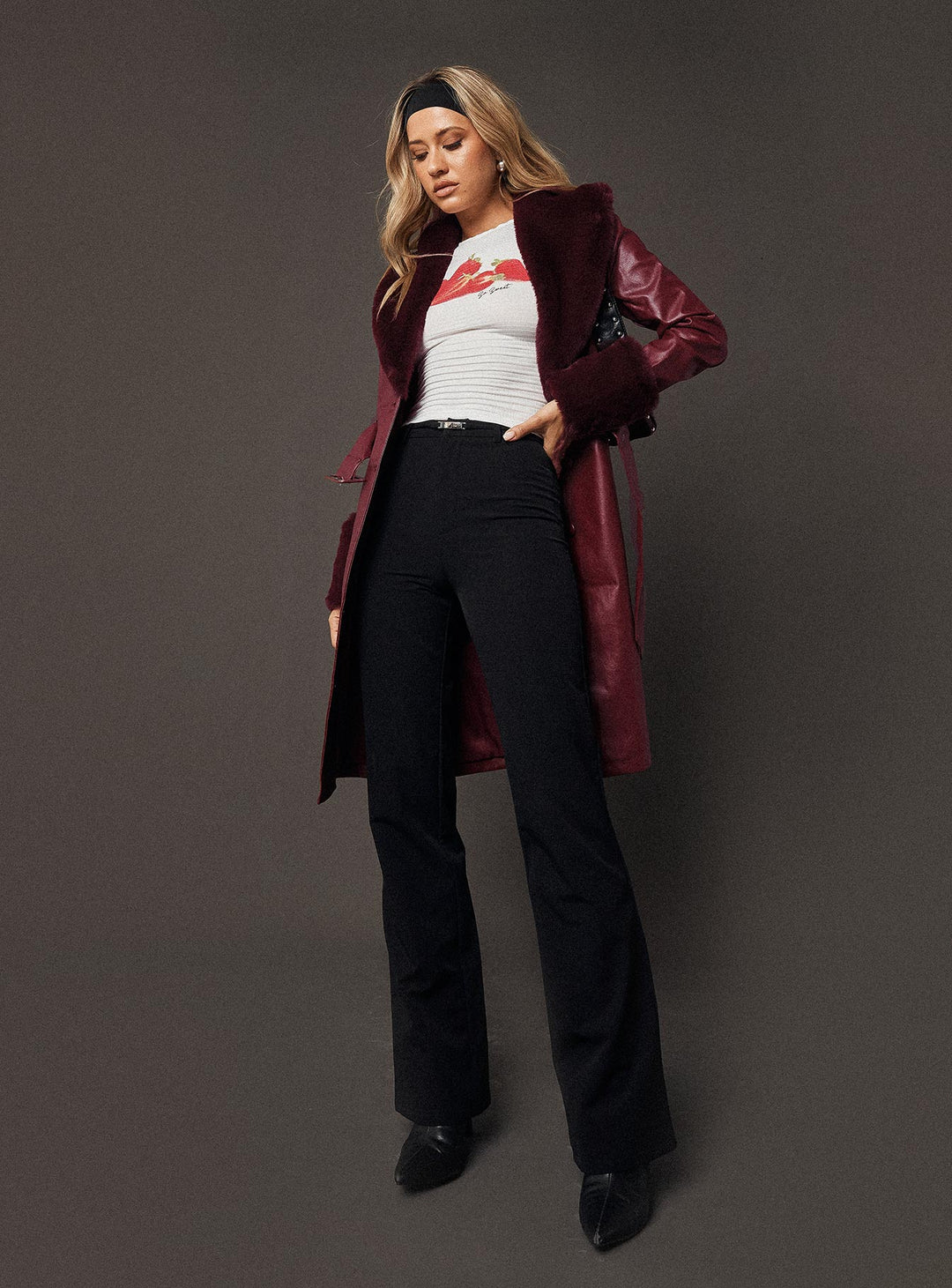Isabella | Women’s longline faux leather trench coat with faux fur trim