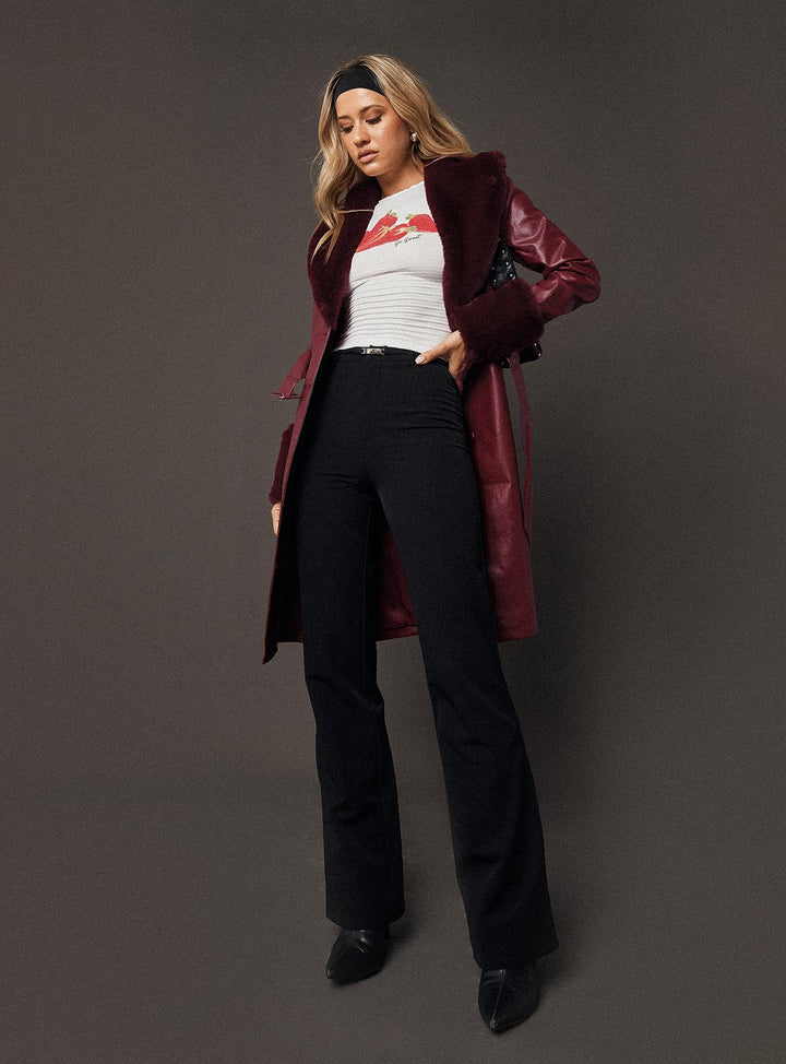 Isabella | Women’s longline faux leather trench coat with faux fur trim
