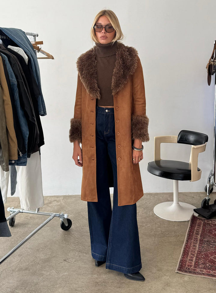 Abby | Women’s long faux suede trench coat with faux fur collar and cuffs