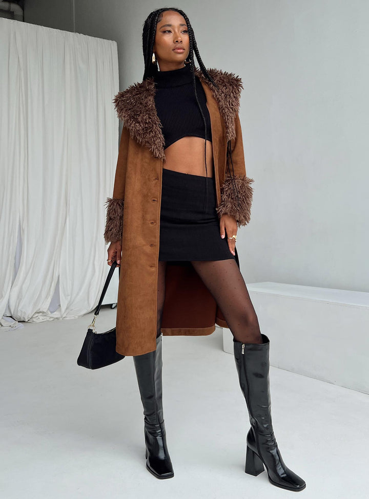 Abby | Women’s long faux suede trench coat with faux fur collar and cuffs