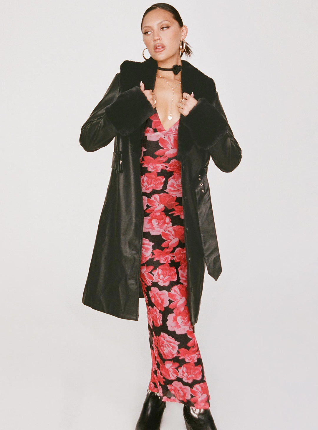 Harley | Women’s long vegan leather trench coat with faux fur trim and belt