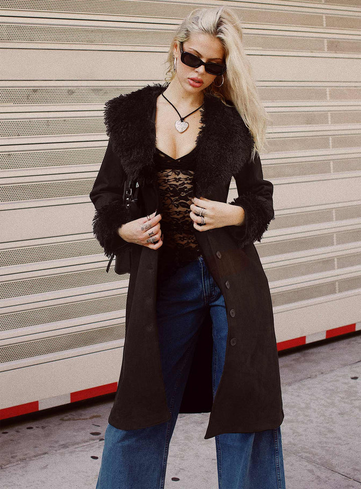 Pristine | Women’s long black trench coat with faux fur trim and button front