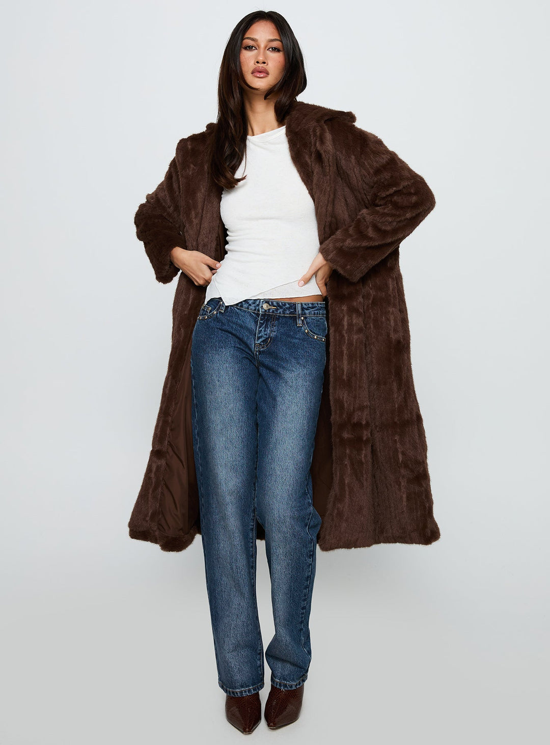 Sue | Women’s oversized faux fur trench coat with lapel collar and drop shoulders