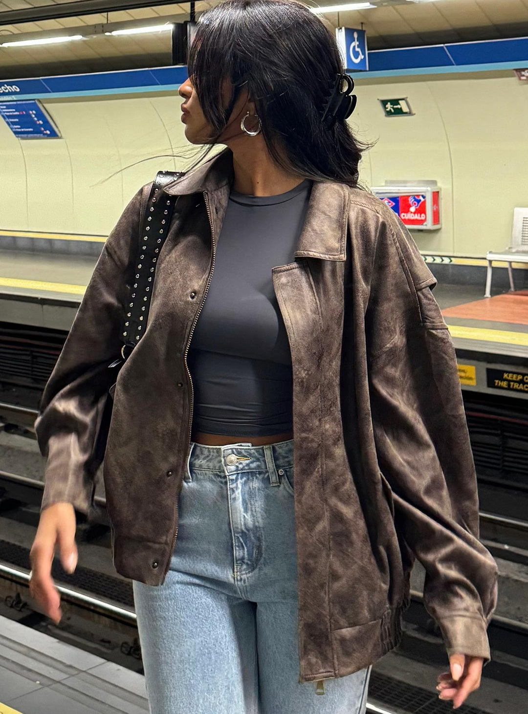 Gervie | Women’s vintage faux leather bomber jacket