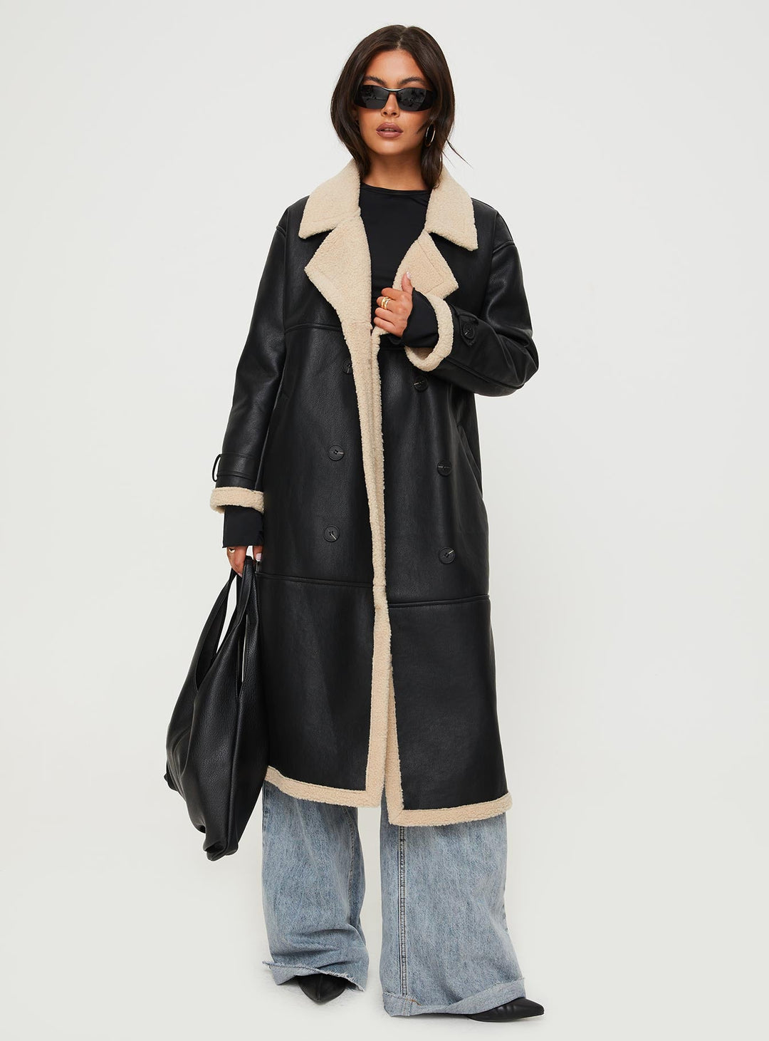 Monica | Women’s longline  trench coat with shearling detail and double-breasted front
