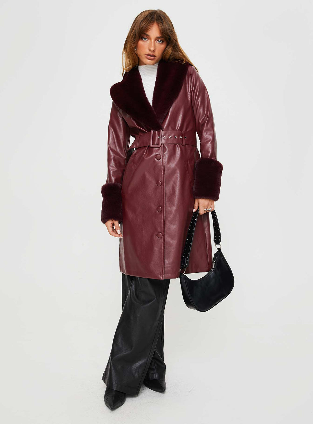 Isabella | Women’s longline faux leather trench coat with faux fur trim
