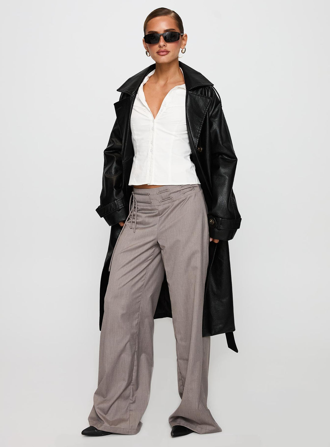 Bettina | Women’s faux leather belted trench coat with wide collar and lapel
