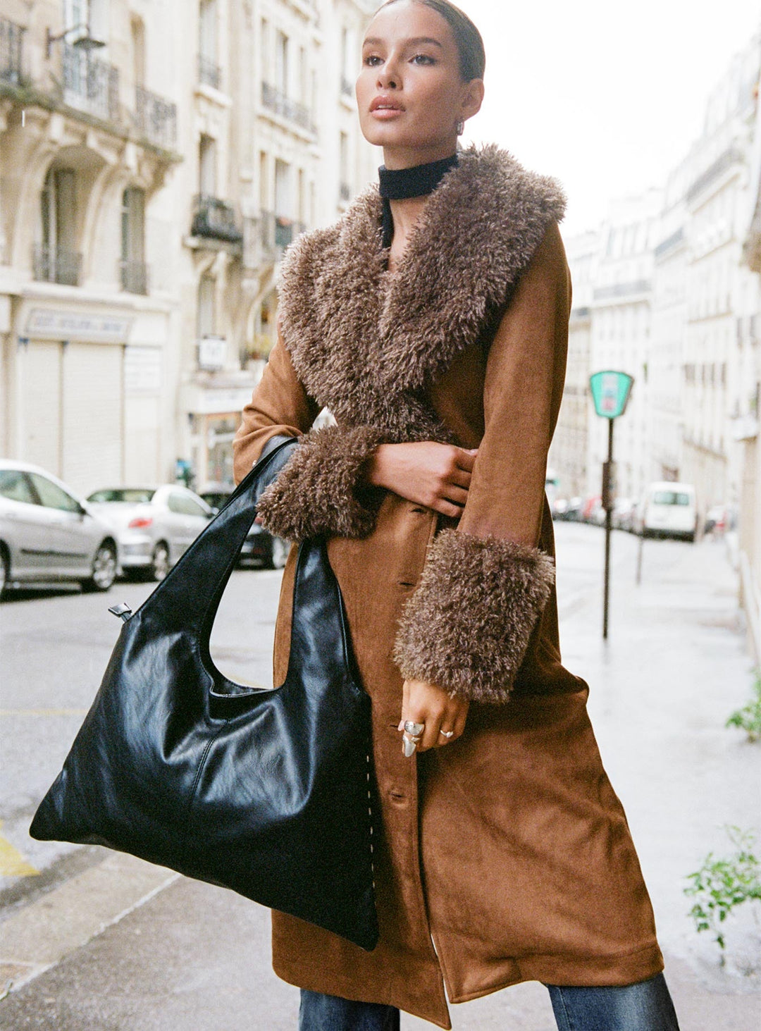 Abby | Women’s long faux suede trench coat with faux fur collar and cuffs