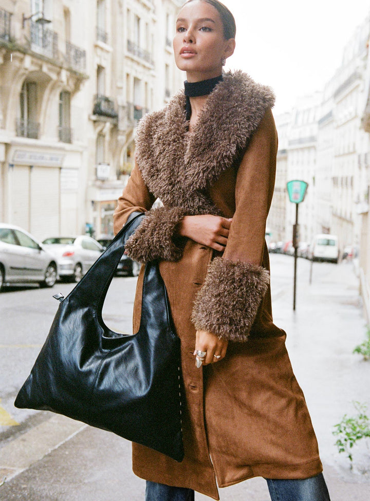 Abby | Women’s long faux suede trench coat with faux fur collar and cuffs
