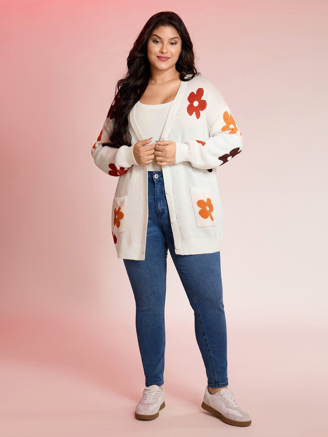 Amira | Women’s floral knit button-up cardigan with patch pockets