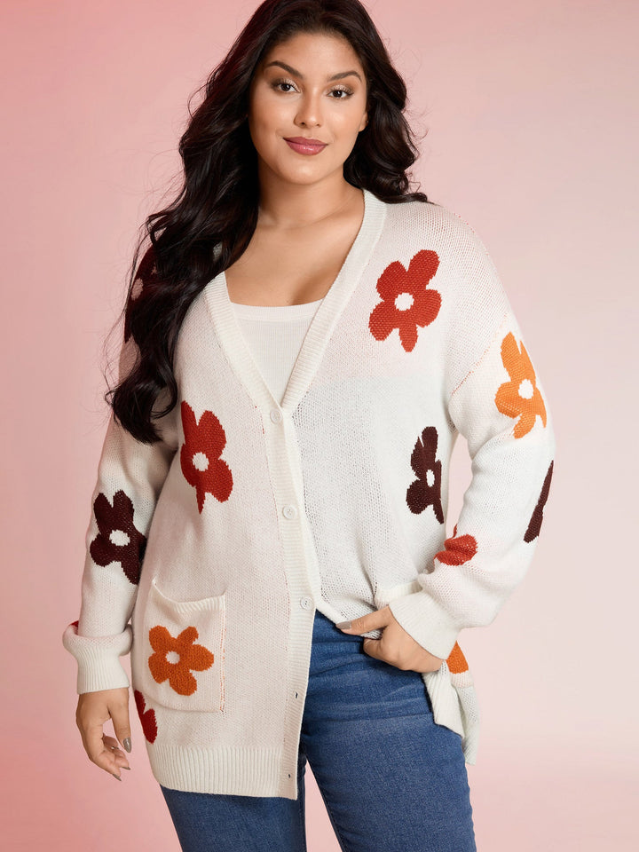 Amira | Women’s floral knit button-up cardigan with patch pockets