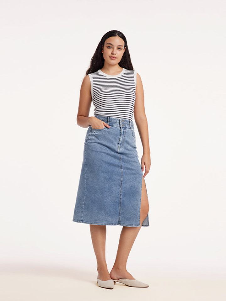 Elouise | Women’s high-waist denim midi skirt with front slit