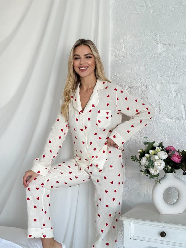 Amelie | Women's heart print two-piece pajama set with wide-leg pants