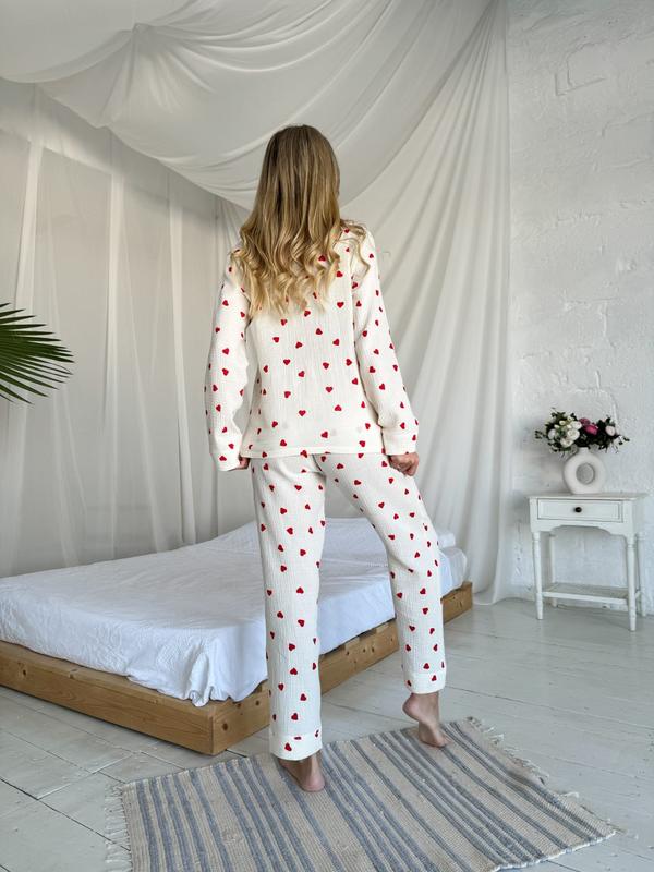 Amelie | Women's heart print two-piece pajama set with wide-leg pants
