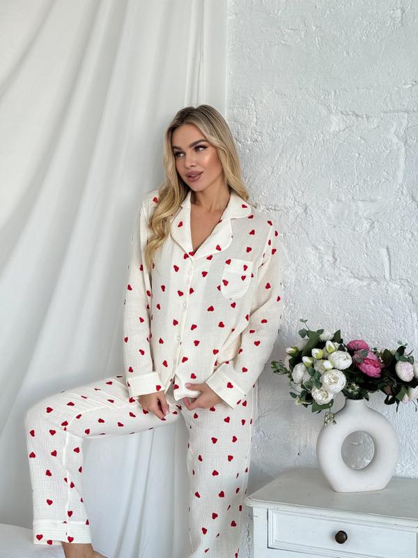 Amelie | Women's heart print two-piece pajama set with wide-leg pants