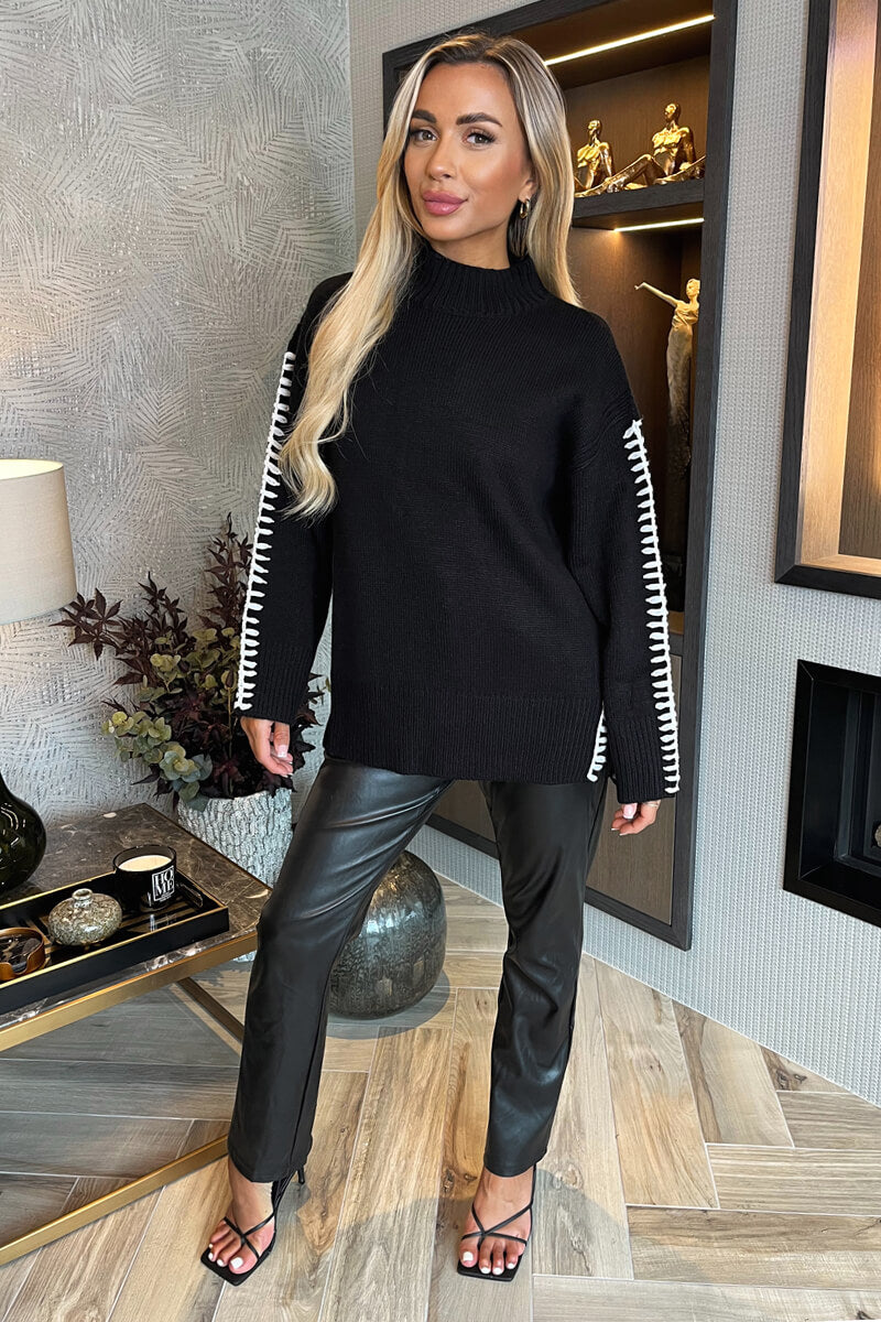 Natalie | Women’s mock neck knit sweater with contrast blanket stitch detail