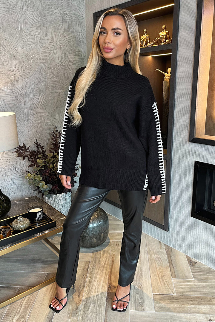 Natalie | Women’s mock neck knit sweater with contrast blanket stitch detail