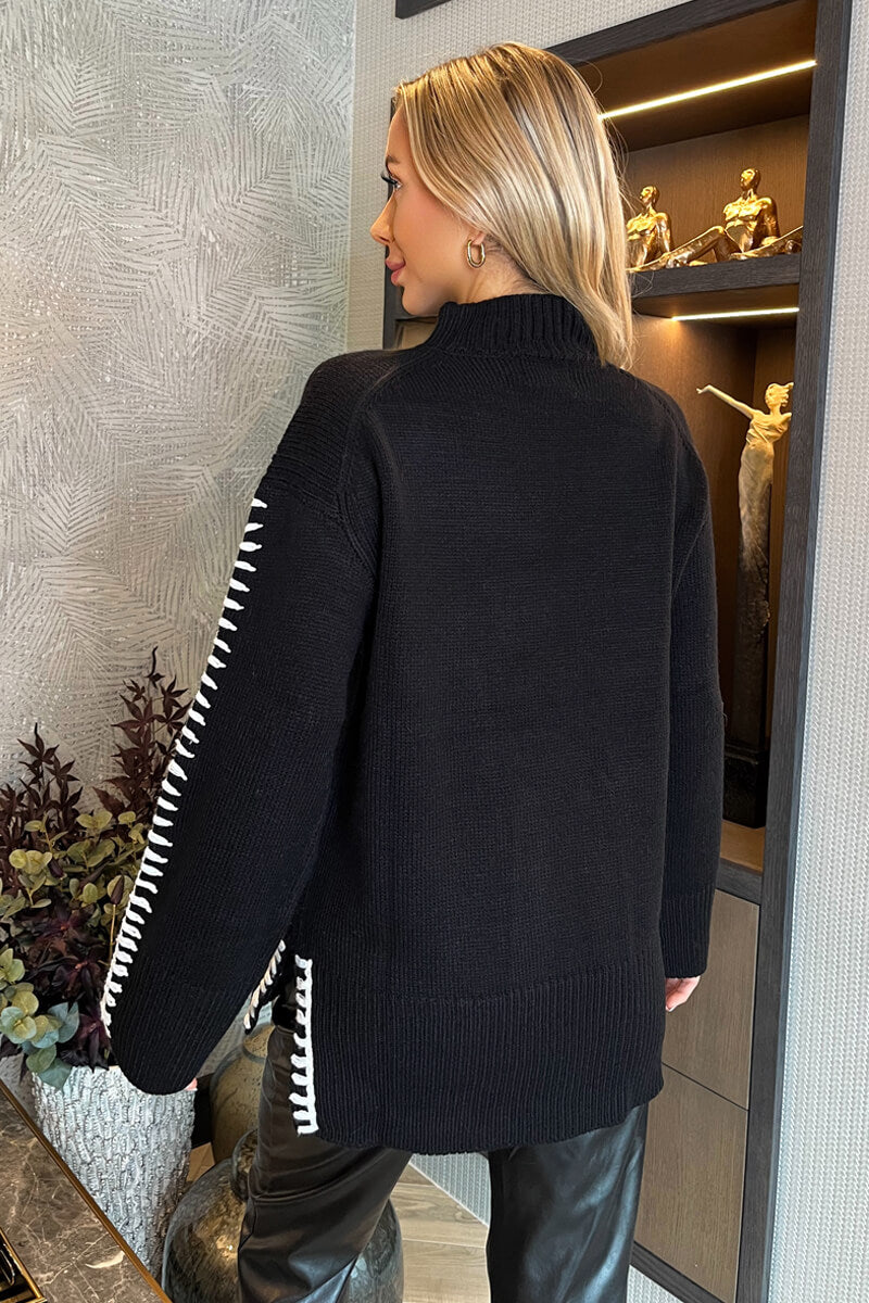 Natalie | Women’s mock neck knit sweater with contrast blanket stitch detail