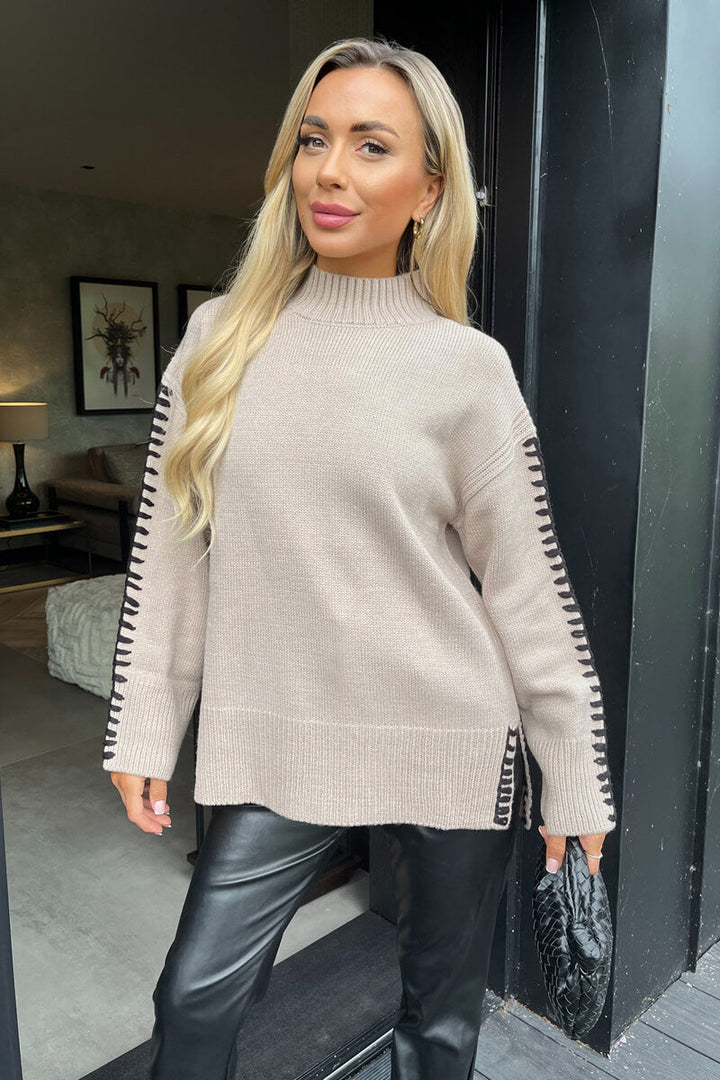 Nova | Women’s mock neck knit sweater with contrast blanket stitch detail