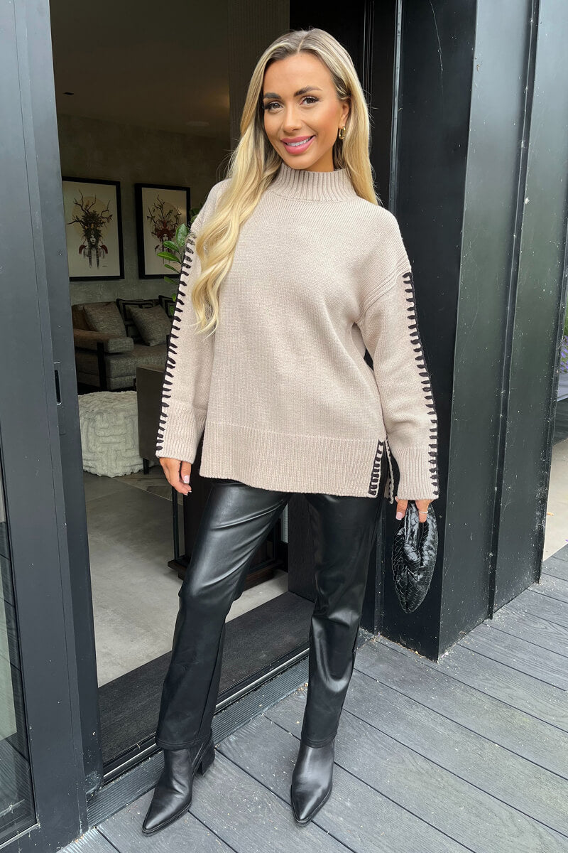 Nova | Women’s mock neck knit sweater with contrast blanket stitch detail