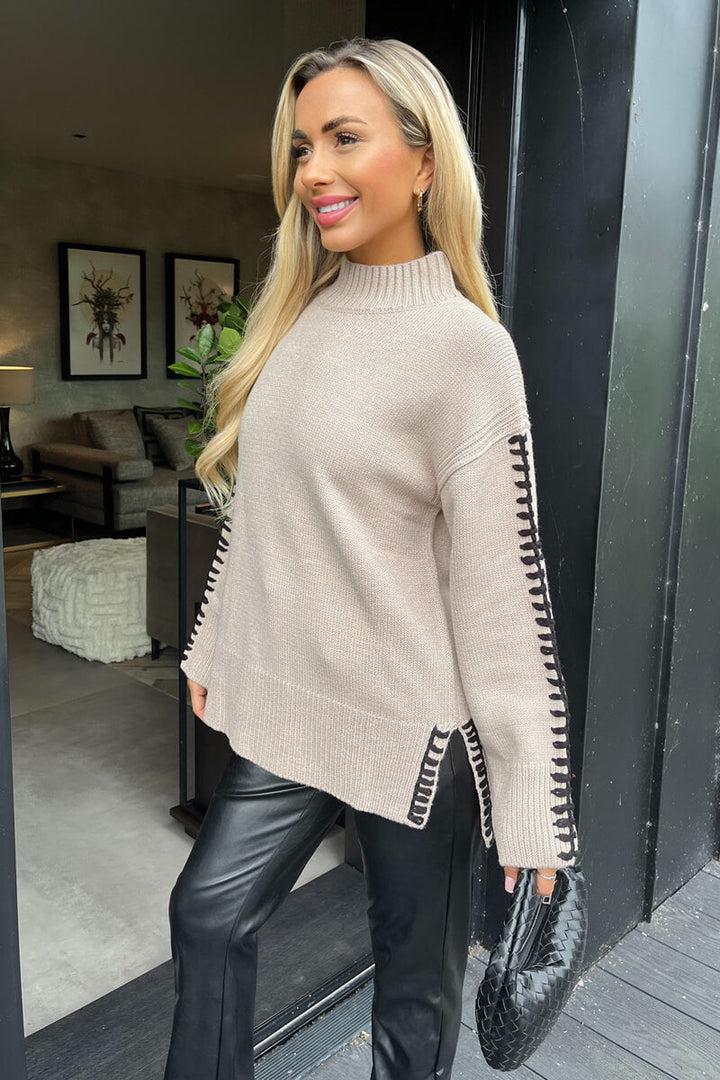 Nova | Women’s mock neck knit sweater with contrast blanket stitch detail