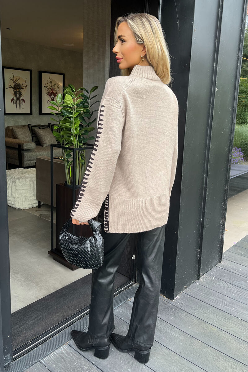 Nova | Women’s mock neck knit sweater with contrast blanket stitch detail