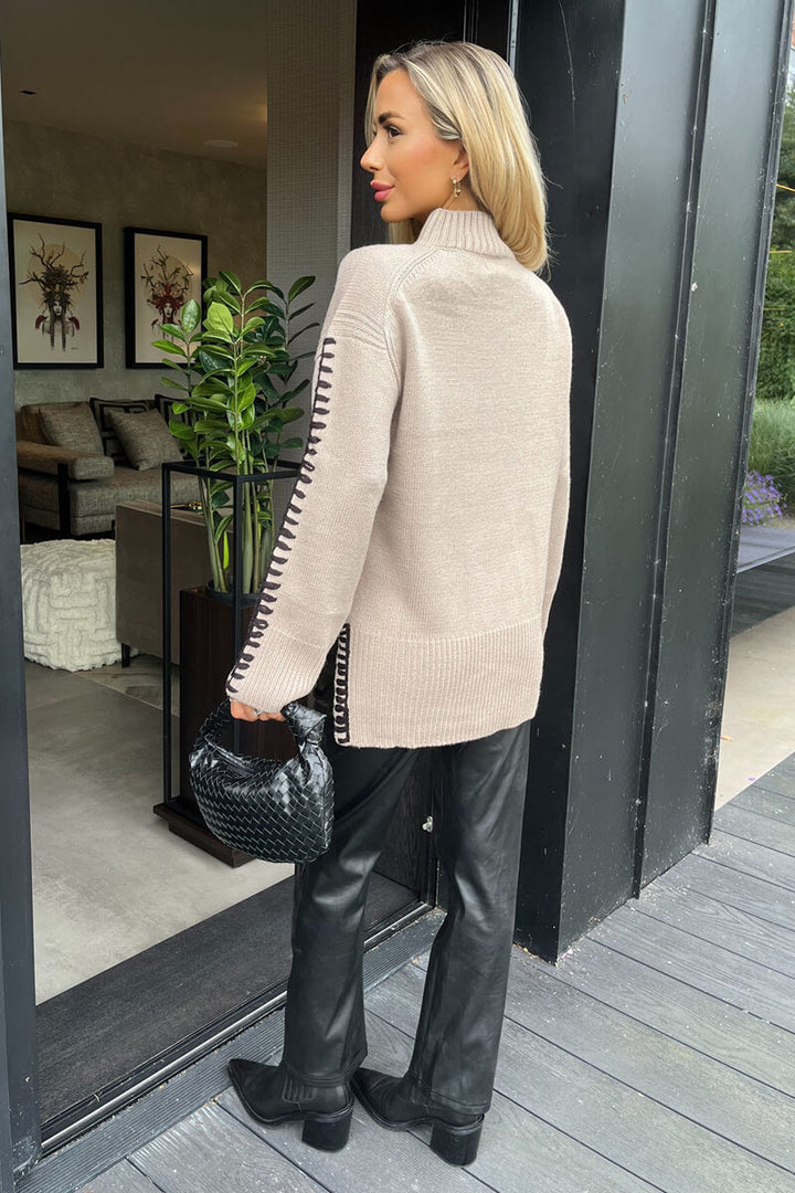 Nova | Women’s mock neck knit sweater with contrast blanket stitch detail