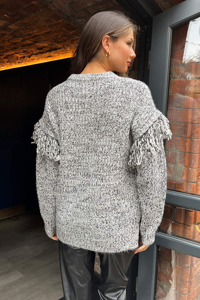Khloe | Women’s fringed knit sweater with textured sleeves