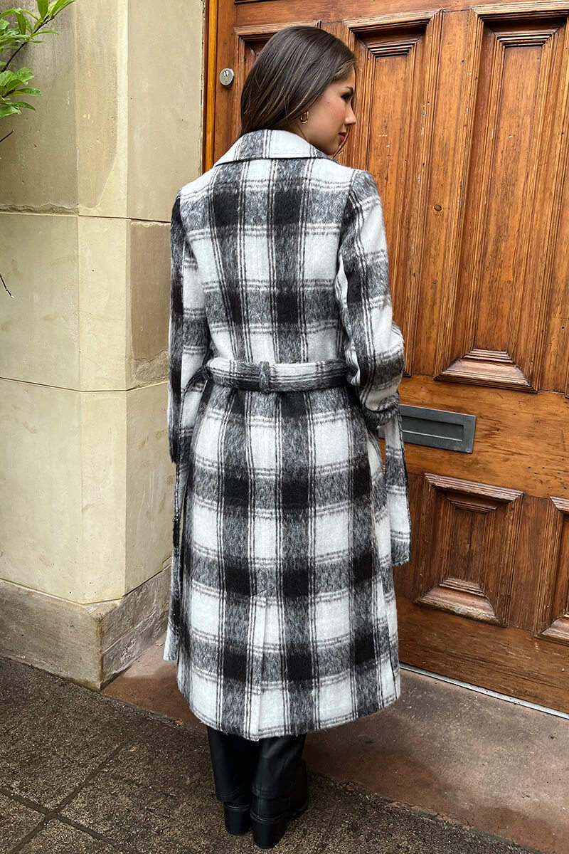 Eloise | Women’s brushed check trench coat with tie belt and button fastening