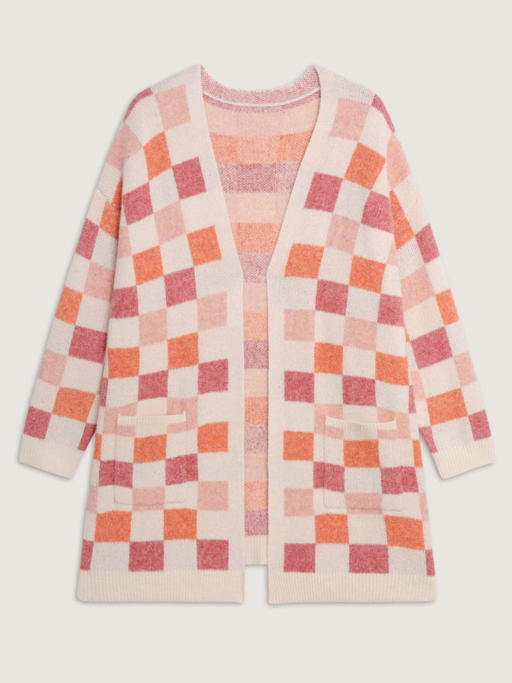 Elsie | Women’s checkered open-front knit cardigan with front pockets