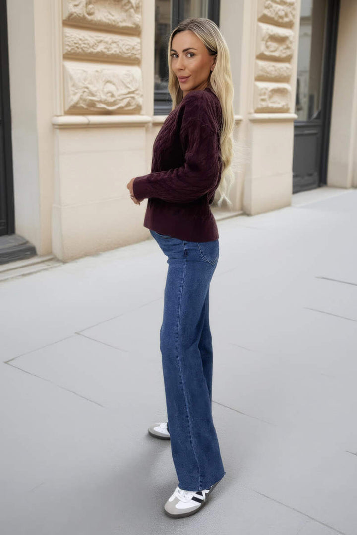 Delilah | Women’s round neck cable knit sweater with ribbed cuffs and hem