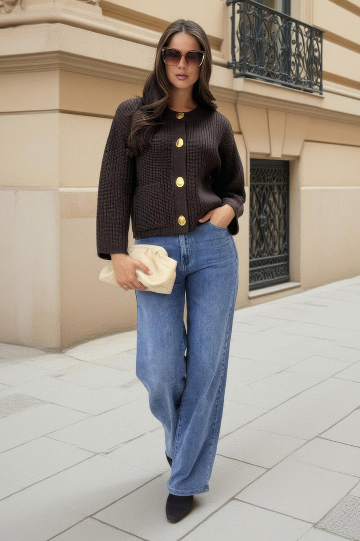 Leilani | Women’s knitted cardigan with gold button front and patch pockets