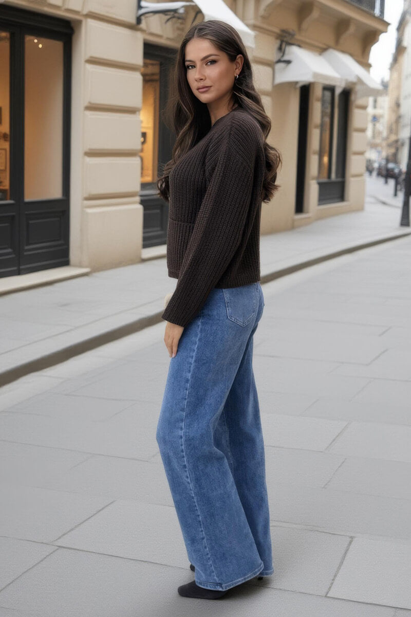 Leilani | Women’s knitted cardigan with gold button front and patch pockets