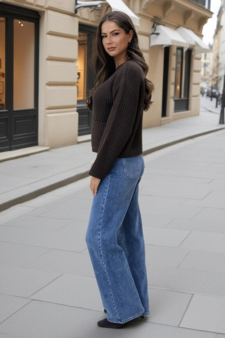 Leilani | Women’s knitted cardigan with gold button front and patch pockets