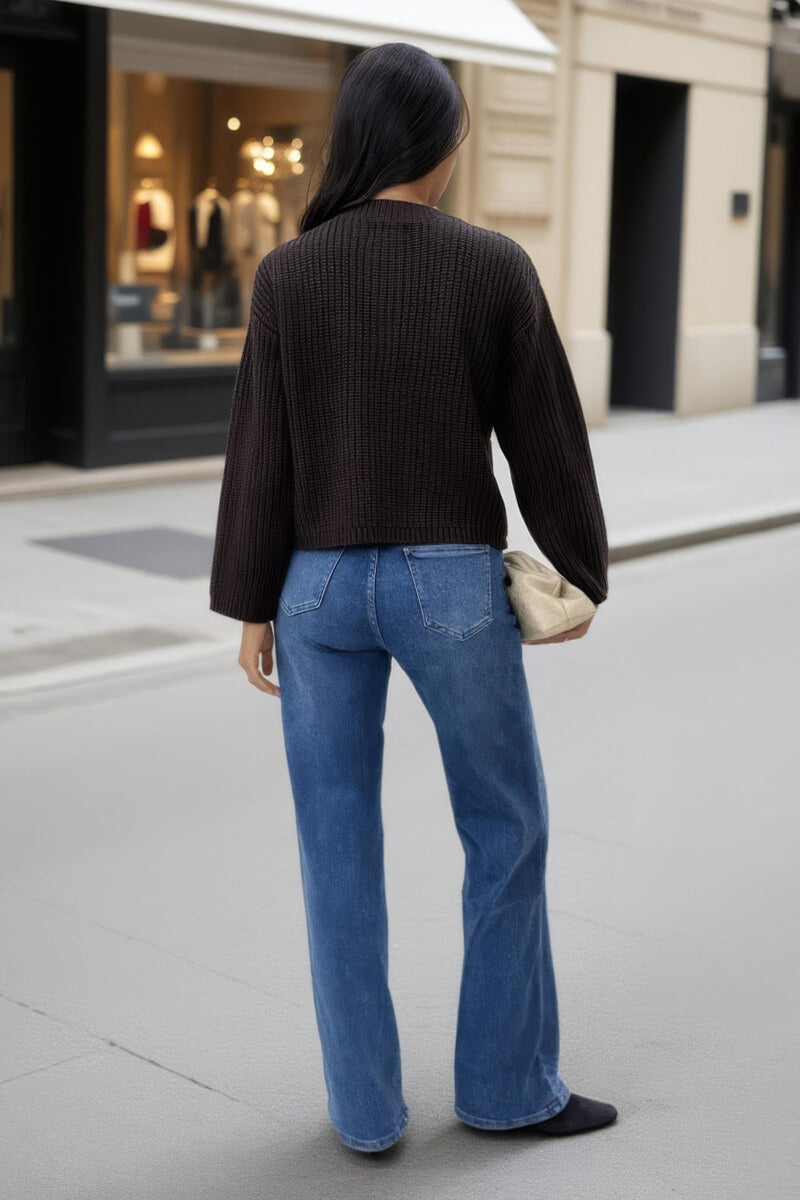 Leilani | Women’s knitted cardigan with gold button front and patch pockets