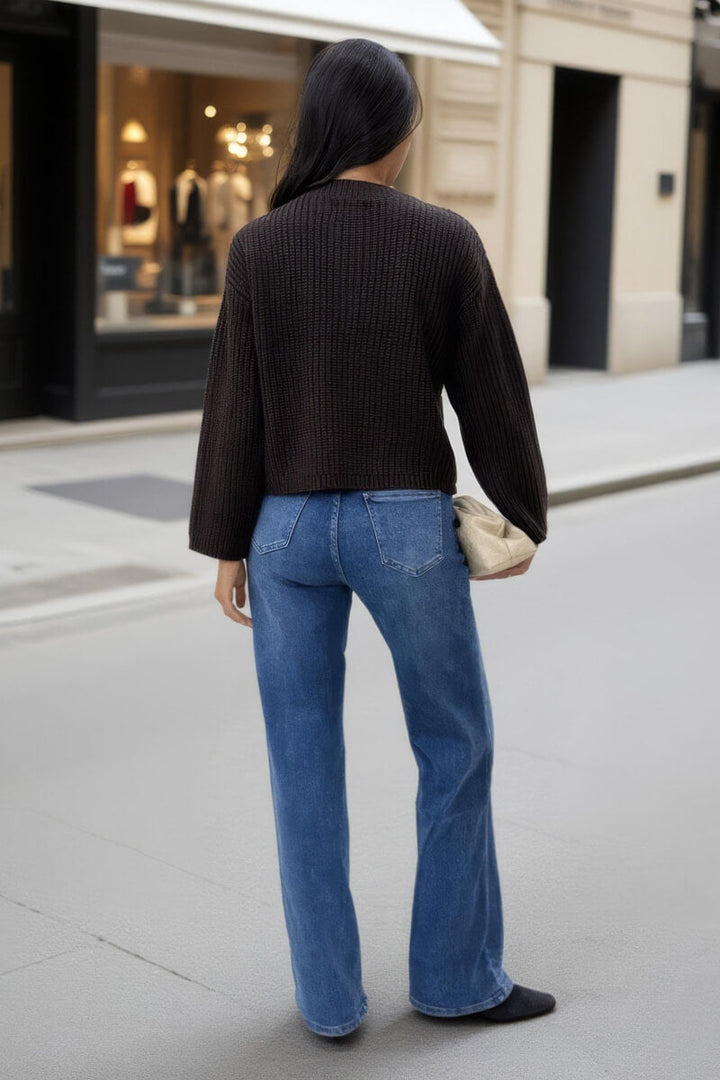 Leilani | Women’s knitted cardigan with gold button front and patch pockets