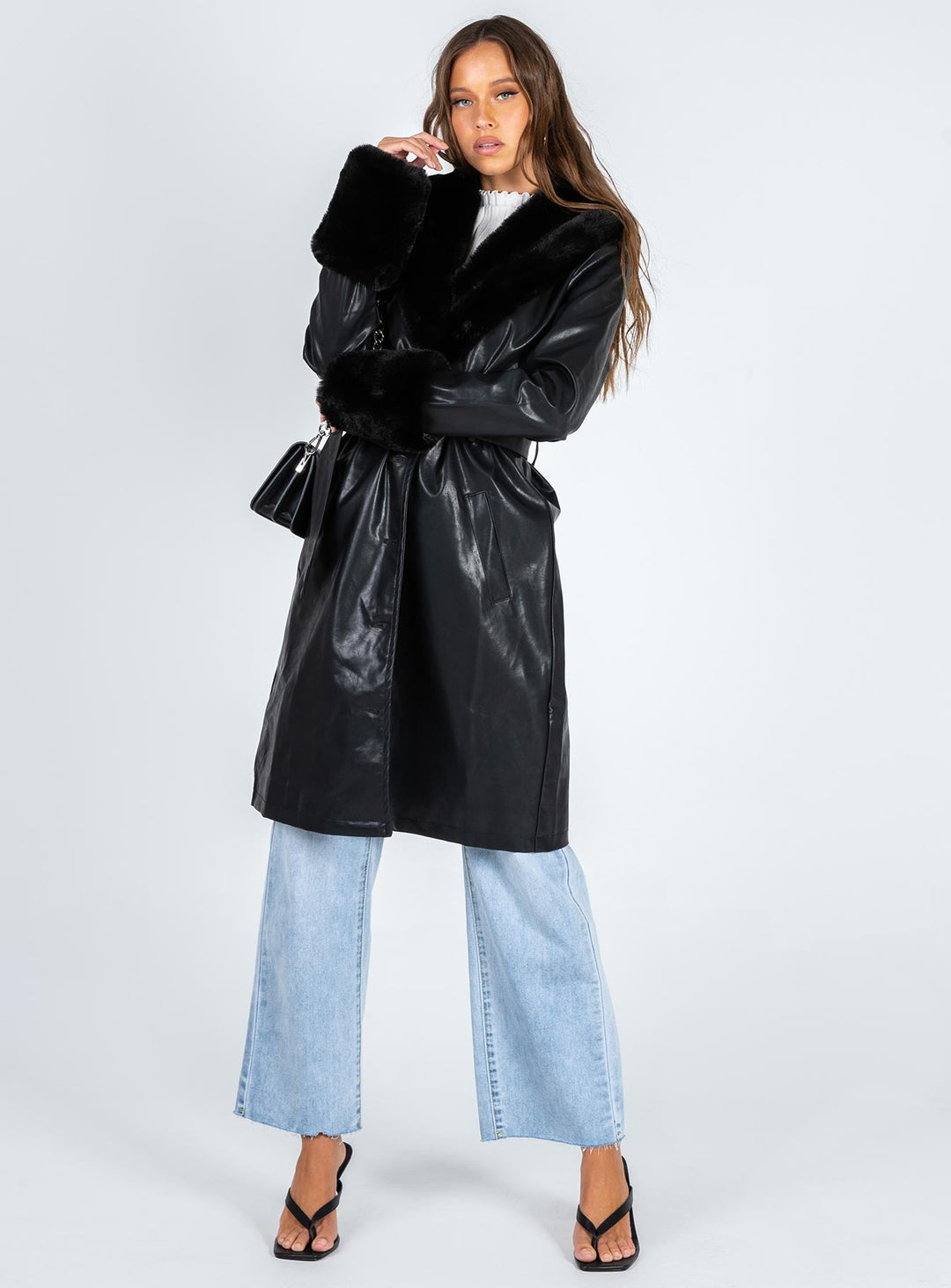 Harley | Women’s long vegan leather trench coat with faux fur trim and belt